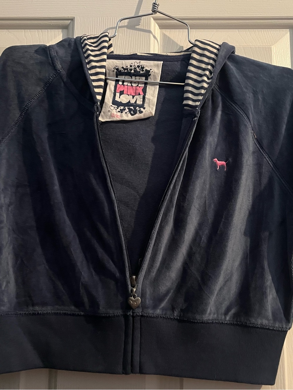 PINK Victoria's Secret Navy Zip-Up Hoodie with Striped Hood